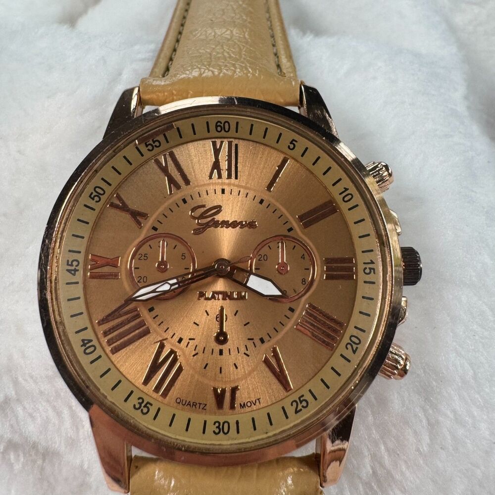 Geneva Platinum Gold Oversized Watch Gold Roman Numeral Faux Chronograph